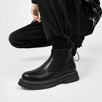马丁靴男秋冬季厚底百搭英伦风真皮高帮骑士靴工装短靴耐磨鞋子 黑色