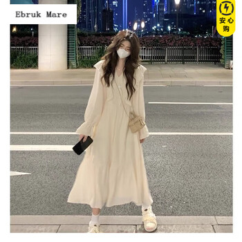 Ebruk Mare法式感大的女装春夏连衣裙荷叶边高腰显瘦超仙长裙子 米白色 M 90-100斤