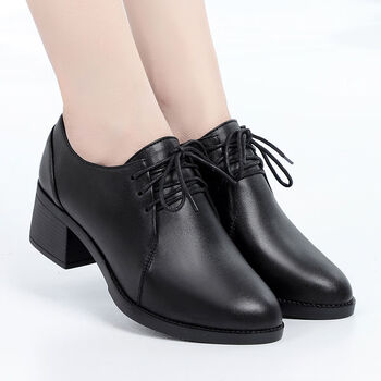 红蜻蜓真皮单鞋女同款春秋中跟皮鞋加绒粗跟舒适中年妈妈鞋时尚女鞋大