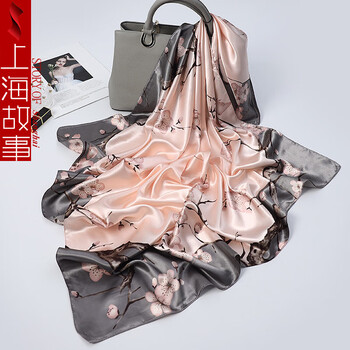 上海故事 90*90cm仿真丝大方巾女 春秋防晒保暖俩用丝巾 春意桃花 灰粉