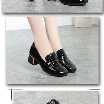 啄木鸟新品时尚新款春秋季时尚方头粗跟漆皮妈妈鞋单鞋英伦皮鞋女黑色