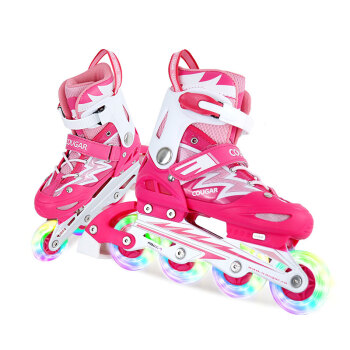 美洲狮（COUGAR）儿童可调休闲轮滑鞋刷街溜冰鞋全闪单鞋 粉色L码