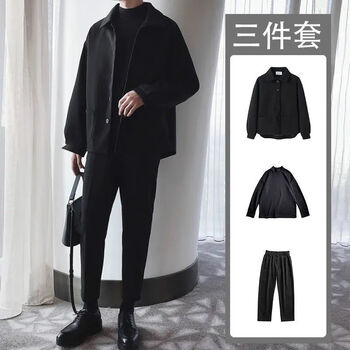 枫潇潇2021春季毛呢外套男三件套搭配炸街港风痞帅帅气宽松百搭上衣