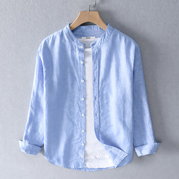 圆领透气亚麻可挽半袖衬衣立领休闲棉麻男士长袖衬衫青年上衣e天蓝色