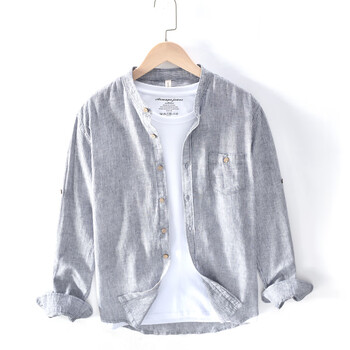 诚景条纹男士亚麻长袖衬衫立领口袋青春流行透气圆领休闲棉麻衬衫麻料