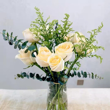 直发直批发混搭玫瑰花插花鲜切花 10支香槟玫瑰 5支黄英 1支尤加利 不