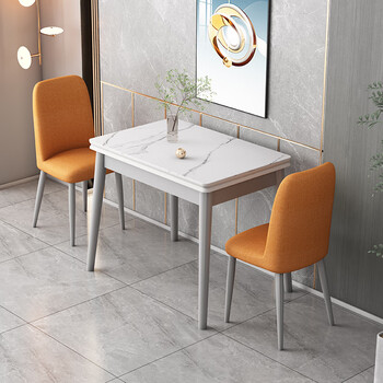 靠墙意式轻奢岩板餐桌家用小户型可伸缩折叠式长方形实木折叠餐桌两椅