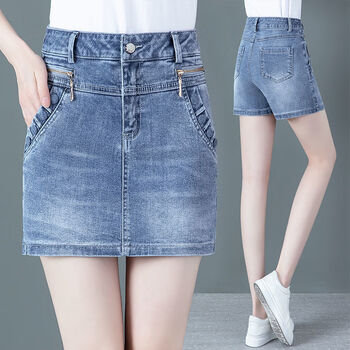 牛仔短裤女2022年春夏新款高腰显瘦防走光假两件短直筒裤蓝色s26码