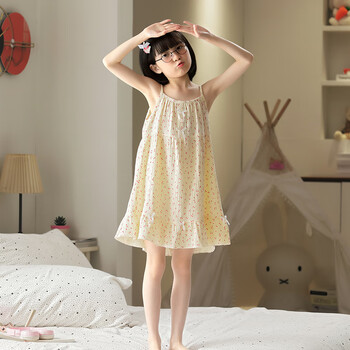 子母女女童睡裙夏季薄款儿童睡衣连衣裙女孩短袖纱布家居服吊带裙8801