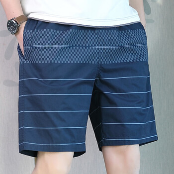 罗蒙休闲条纹短裤男纯棉夏季沙滩裤居家大裤衩男款潮牌深蓝l