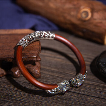 鸡血藤手镯女有节无节藤镯生日礼物情侣款首饰品藏银西藏手串木镯sn