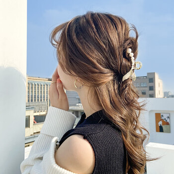 鱼尾仿珍珠发夹女成人顶夹后脑勺头发大号金属抓夹慵懒发饰网红发卡子