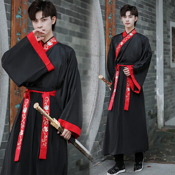 叙耳汉服男国风古风武侠剑客男士大码公子学生班服套装汉服古装衣服 领花广袖男全黑套装 170  L