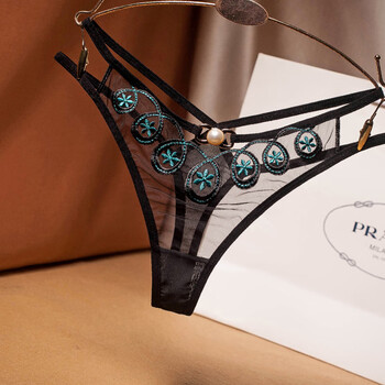 欧美性感丁字裤女网纱刺绣透明诱惑交叉低腰火辣一根线t内裤黑色均码