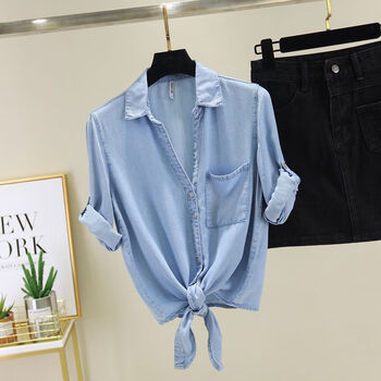 薄款夏季天丝下摆打结衬衣宽松短款时尚短袖披肩上衣薄浅蓝色浅蓝色s