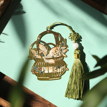 中国礼盒装古典莲花茶花玫瑰花卉金属书签吊坠复古文艺礼品书签花篮