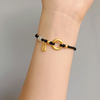 周大福平安扣999硬金手链编绳福牌吊坠生日礼物 情侣款 黑 红绳