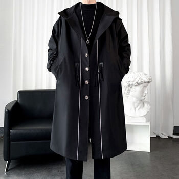 斌卡单排扣风衣男高端派克服过膝大衣青年上衣薄款外套黑色薄款优质