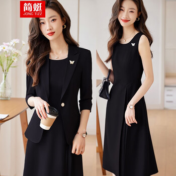 简蜓小西装外套女春夏新款气质修身感职业西服连衣裙套装气质正装 黑色两件套（西装+裙子）配胸针 4XL