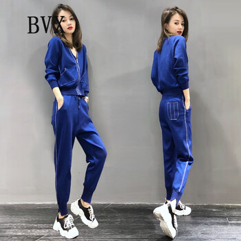 BVX春秋休闲套装女新款欧洲站时尚洋气卫衣女装运动服时髦潮流两件套 蓝色 XL
