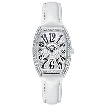耐瑞(nary)女士潮流酒桶形防水石英手表7034 银壳白面白皮带