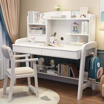 伯森堡书桌学习桌初高中学习桌中学生带椅电脑桌实木双人书桌书架一体