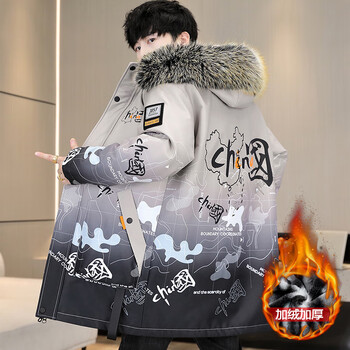 羽绒服中长款2023新款加厚保暖派克服潮牌冬装大版加绒 中国地图灰色