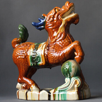 泉鸿韵唐三彩陶瓷麒麟富贵风生水起瑞兽乔迁新居礼品麒麟摆件玄关摆设