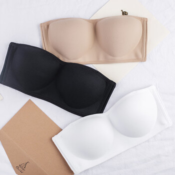 日本磨毛轻薄无肩带文胸大胸露肩装隐形防滑半杯内衣女夏收副乳 黑色