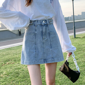 京蝌蝌牛仔裙半身a字裙短款短裙女夏季薄款开叉新款半身裙女装浅蓝色s