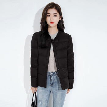 鸭鸭yaya秋冬轻薄羽绒服女短款v领气质修身鸭绒韩版休闲外套女黑色s