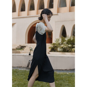 自巧小个子法式拼接假两件连衣裙女夏新款感气质a字长裙22ZQ0154 黑色 XXS