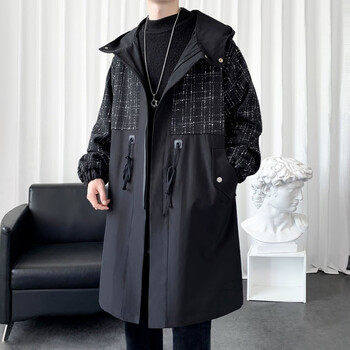 桂杉格格子拼接风衣男中长款大衣时尚个性上衣带帽派克服潮外套黑色