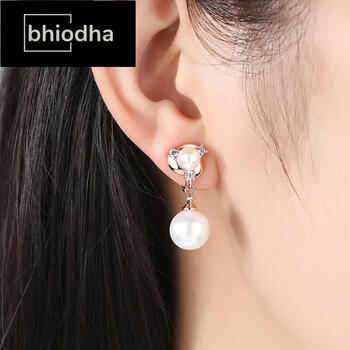bhiodha银珍珠耳钉女日韩版大气质耳环耳坠长款耳夹首饰品结婚礼物品