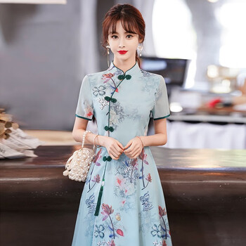 海梵鲸轻奢品牌小清新旗袍优雅减龄款气质显瘦短袖改良版裙子夏季大码
