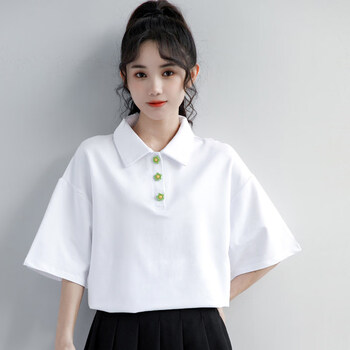 秦然2022春夏新款白色短袖polo衫女夏宽松五分袖翻领t恤学生半袖上衣