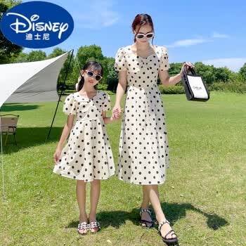 迪士尼母女亲子装夏季连衣裙2024新款中小童洋气夏装裙子时髦感淑女米