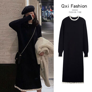 【连衣裙女秋冬款】女装秋冬韩版宽松女装潮流外穿木耳边连衣裙搭配 黑色 L