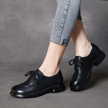 wpkds高端女鞋新款厚底松糕鞋头层牛皮商务休闲女士皮鞋女跟坡跟单鞋