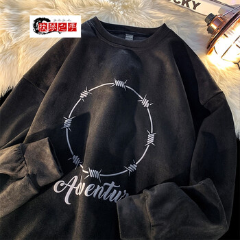 执琴之手麂皮绒卫衣男款潮牌美式重磅春秋季圆领上衣服春秋宽松oversize 黑色 2XL