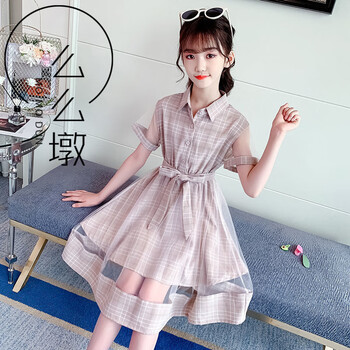 么么墩女童夏季连衣裙515岁女生翻领格子裙儿童中大童款洋气过膝衬衫