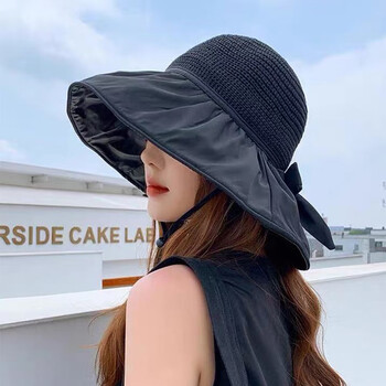 行走的小黑伞行走的小黑伞镂空大檐遮阳渔夫帽蝴蝶结遮阳帽黑胶涂层