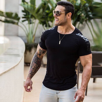 运动短袖t恤 男士夏季速干休闲跑步训练透气弹力紧身衣 黑色手臂字母