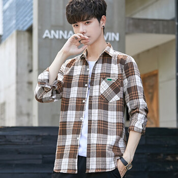 初中高中生大学生男生秋天穿的学生秋装潮流格子衬衫男孩青少卡其色m