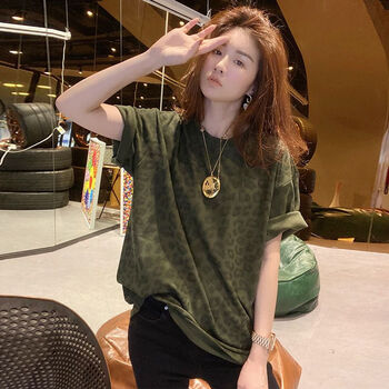 骄拓热天适合肥婆胖女人穿的夏天遮肚子上衣夏季绿色短袖t恤打底衫胖m