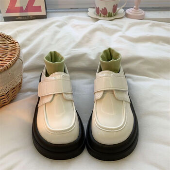 鞋小皮鞋女日系软妹鞋子厚底百搭魔术贴单鞋复古乐福鞋米白色单里35