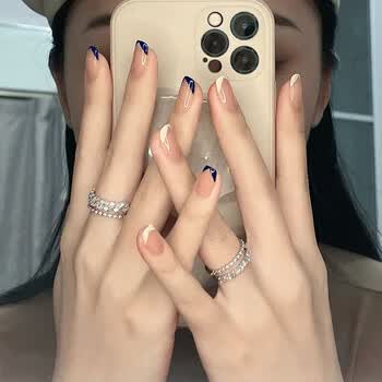 柠檬法式美甲贴片成品可拆卸穿戴甲长短款感假指甲片夏日小众 蓝色