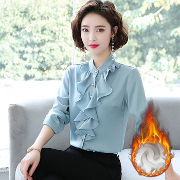 蔚曼衬衫女长袖秋装新款缎面荷叶边小立领打底衫女衬衣上衣雪纺衫女装 蓝色加绒 4XL