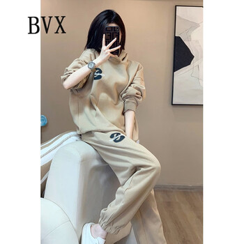 BVX秋季美式复古卫衣套装女2022新款轻奢潮牌宽松慵懒风运动服春秋装休闲两件套 卡其色 S（102斤以内）