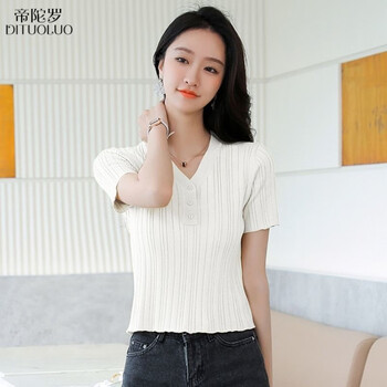 帝陀罗冰丝针织短袖t恤女士薄款夏季新款百搭宽松v领上衣短款t恤打底